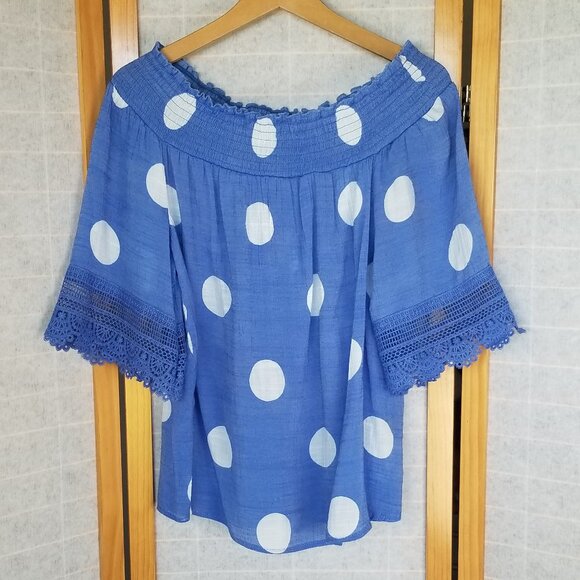 Blue Polka Dot Off the Shoulder Blouse Top Gauzy Crinkly Fabric Size Large - Picture 1 of 8